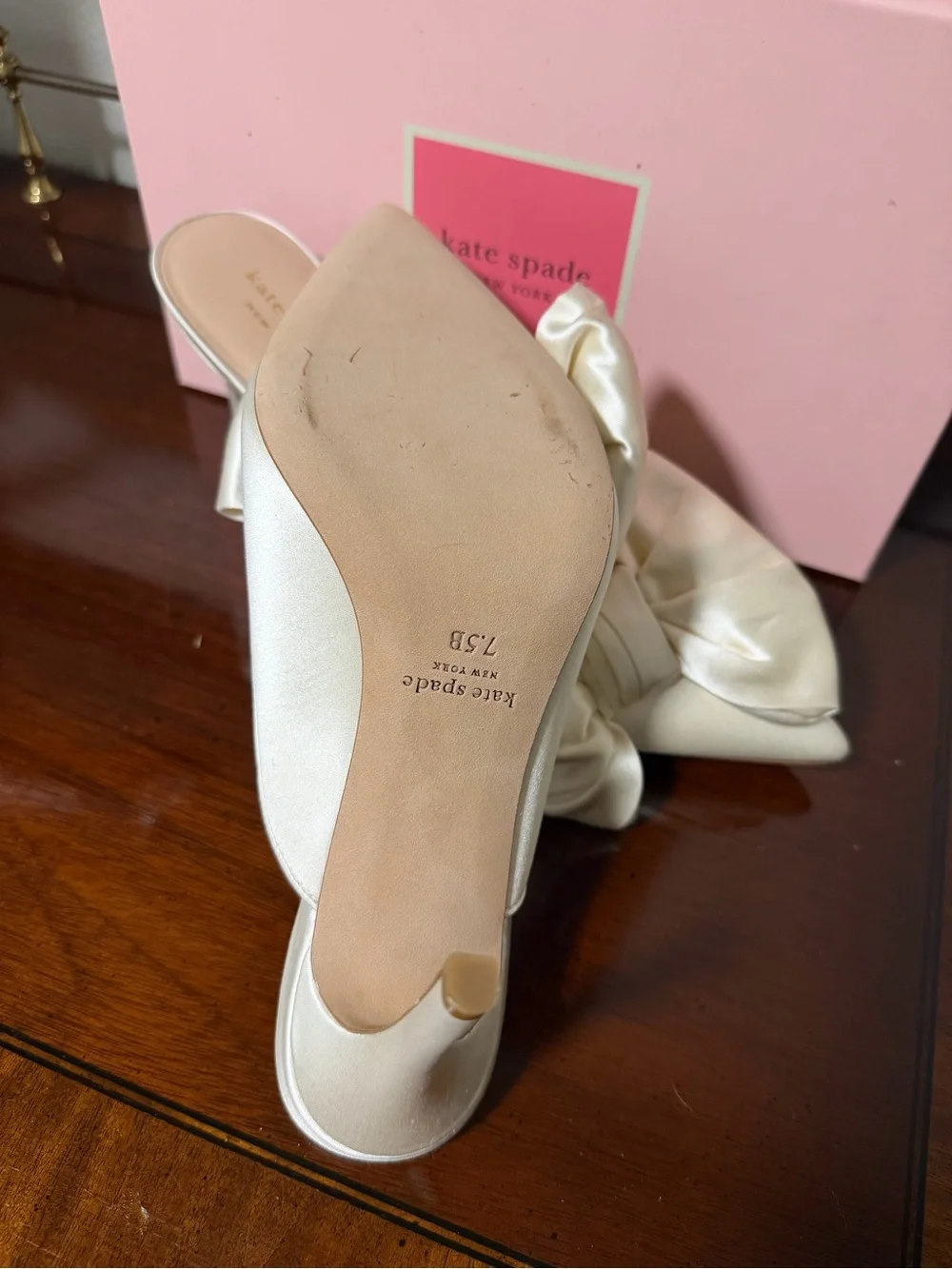 kate spade Ivory White Satin Pointed Bow Slip-On Heels Bridal Wedding
